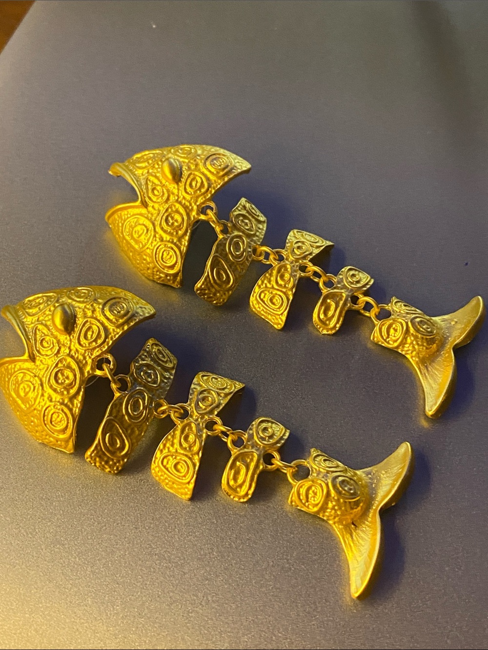 Matte Gold Tone Articulated Fish Dangle Earrings
